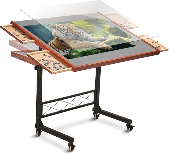 JoyBerri Puzzle Station – 1500 Piece Jigsaw Puzzle Table with Drawers & Adjustable Legs, Portable & Height Adjustable for All Ages, Includes Station Cover & Bonus 1000 Piece Puzzle