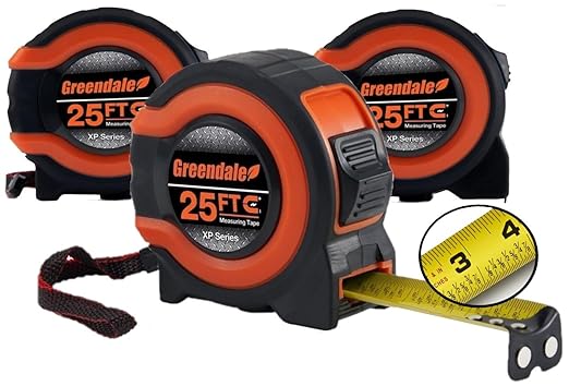 Greendale – 3 Pack Tape Measures 25 ft – Easy-Read Fractions, Magnetic Tip, Quick-Lock & Auto-Retract – Heavy-Duty Measuring Tape with Belt Clip – Red/Orange