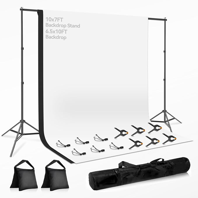 7x10 FT Backdrop Stand Kit with 6.5 x 10FT Black, White Background