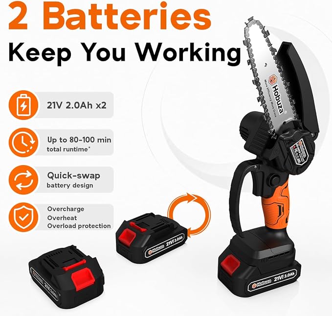 HOBUZA 6 Inch Brushless Mini Chainsaw, Lightweight One-Hand Saw for Pruning | 880W Brushless, Lightweight 1-Handed & Women-Friendly, 2x2.0Ah Batteries 4-6H Runtime, Auto Oiler, Safety Lock for Tree Work