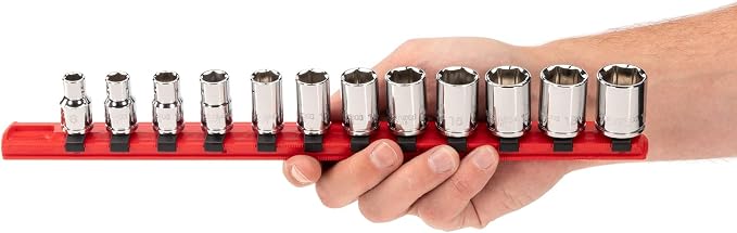 TEKTON 3/8 Inch Drive 6-Point Socket Set, 12-Piece | SHD91102 | (8 - 19 mm), Shallow, Socket Rail