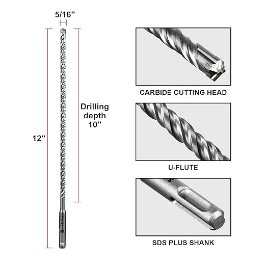 SALI 5 Pcs 5/16"*12" SDS Plus Rotary Hammer Drill Bit Concrete Drill Bit Kit Cross-Type Double Thread Carbide Material Suitable for Concrete, Brick, Cement Walls, Stone, Hammer Drill Bits for Concrete
