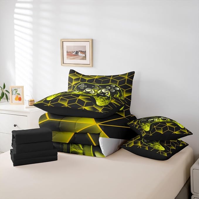 Gaming Consoles Bed in a Bag Queen Comforter Set 7 Piece,Neon Geometric Video Game Gaming Bedding Set,3D Geometric Gamer Sheet Set Yellow Flame Bed Set,Gamer Room Decor for Boys Bedroom