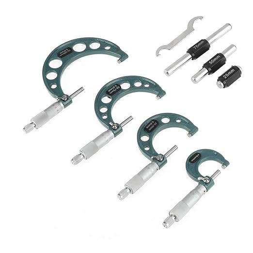 Oumefar 0‑100mm Outside Micrometer Set, 4pcs Cast Iron Outside Micrometers 0.01mm Accuracy External Micrometer 0-4 Inch for Diameter Measurement with Case