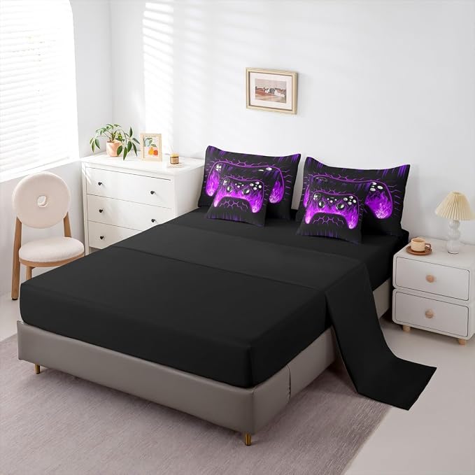 Erosebridal Boys Gaming Comforter Set 7 Piece Bed in a Bag Twin Ombre Art Honeycomb Bedding Set Purple Neon Lights Sheet Set Game Console Bed Set Geometric Hexagon Beehive Gaming Room Decor