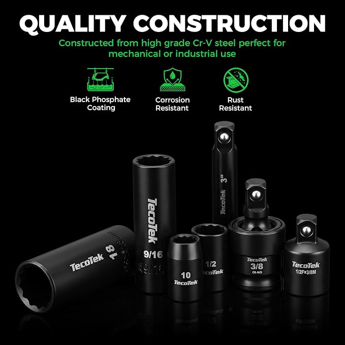TecoTek 71PCS 3/8 Inch Drive 12 Point Socket Set, SAE(5/16-3/4in) and Metric(8-22mm), Deep & Shallow, CR-V with Drill Socket Adapter & Extension Bar 3/8 in, Hex Key Set