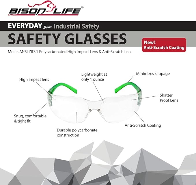 BISON LIFE Clear Safety Glasses – ANSI Z87.1 Scratch & Impact Resistant Wrap Around Eye Protection Goggles for Men & Women