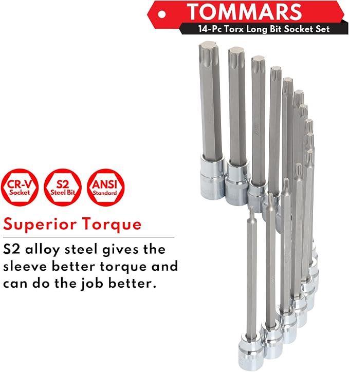 TOMMARS 14-PC Long Torx Bit Socket Set | T10, T15, T20, T25, T27, T30, T35, T40, T45, T47, T50, T55, T60, T70, 3/8", 1/2" Drive, S2 Alloy Steel