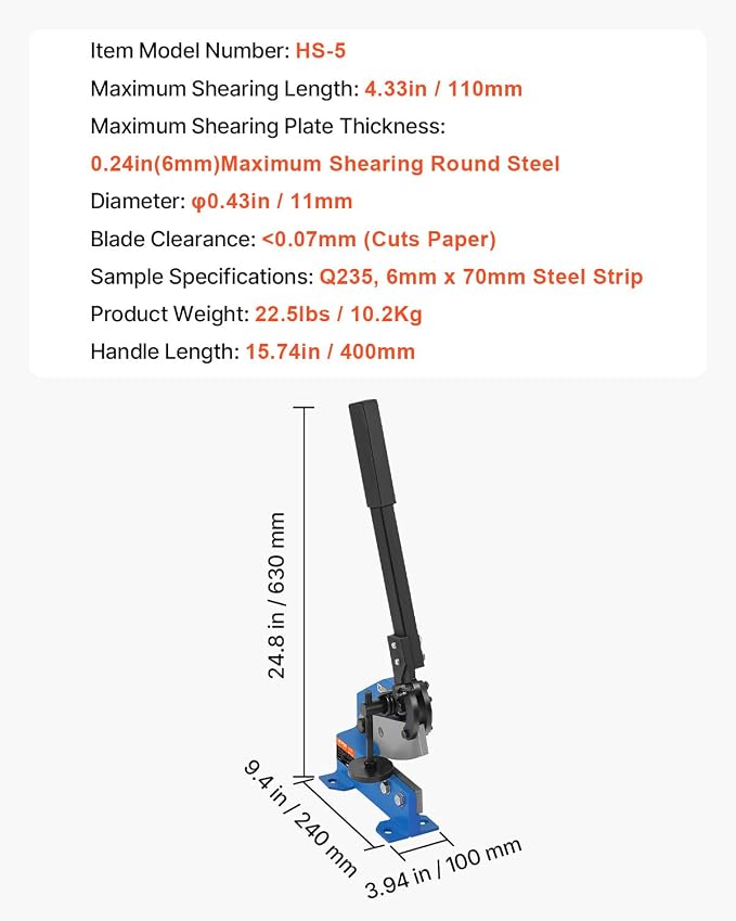 VEVOR Manual Metal Shear, 5 in, Hand Plate Sheet Metal Processing, HS-5 Benchtop Cutter with Q235 Material, for Crafts Thick Steel Crafting, Heavy Duty Roll Press Machine for Builders, DIY Enthusiasts