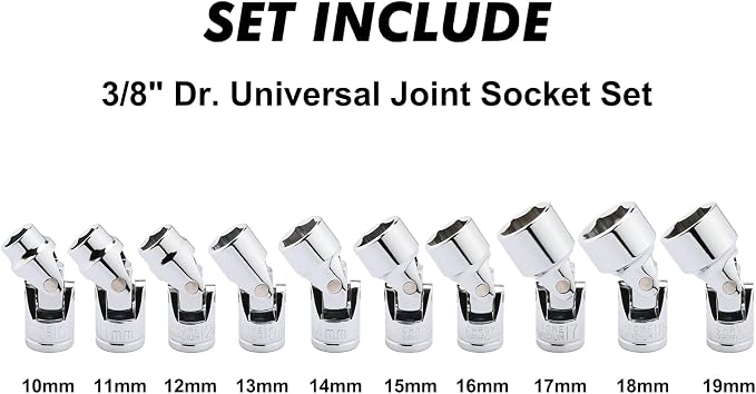 CASOMAN 3/8" Drive Universal Joint Socket Set- 10 Piece Flex Socket Set, 6-Point, Cr-V, Metric, 10-19mm