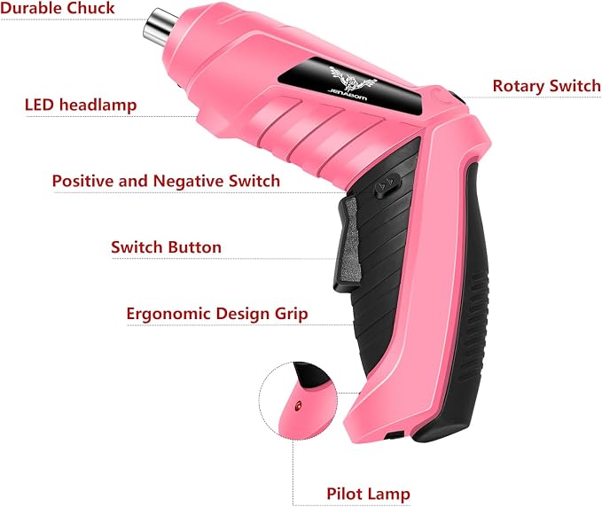 JENABOM 14 in 1 Electric Screwdriver Cordless Rechargeable Small Drill Set 3.6V Li-ion 3Nm Max Torque Electric Rotatable with LED Light Screwdriver, Pink