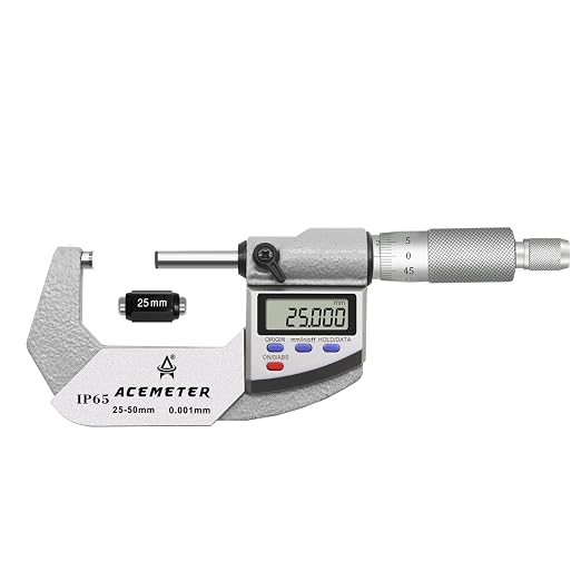Digital Micrometer, Inch/Metric, Ratchet Stop, 1-2" (25-50mm) Range, 0.00005" (0.001mm) Resolution,Large Screen Digital Micrometer, Meets IP65 Specifications with Standard Ratchet Stop