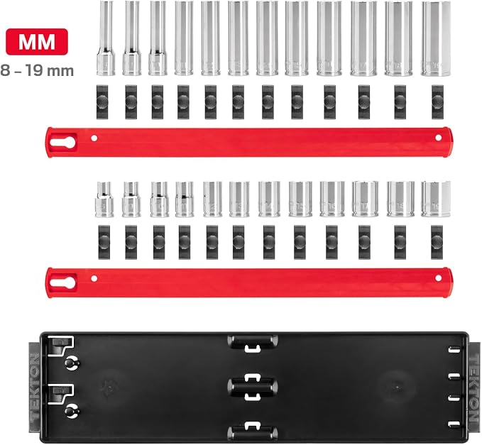 TEKTON 3/8 Inch Drive 12-Point Socket Set, 24-Piece | SHD91216 | (8 - 19 mm), Shallow and Deep, Socket Rail