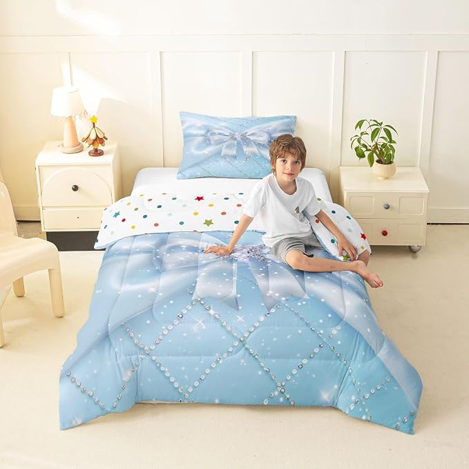 Feelyou Blue Bow Bedding Set Soft for Boys Girls, Glitter Bowknot Comforter Set Toddler Size Princess Duvet Quilt Microfiber Bedroom Decor 2 Pcs with 1 Pillow Cases