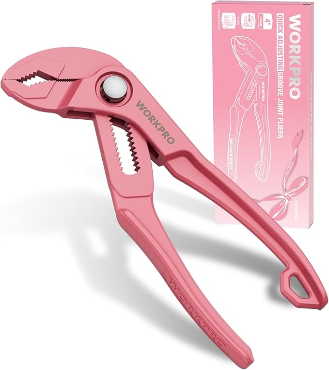 WORKPRO Mini Water Pump Pliers, 4-Inch Groove Joint Pliers, Fast Adjustable Tongue and Groove Plier with 15-Position Push-Lock, V-Jaw for Multi-Surface Grip, EDC Plier for Tight Spaces & Versatile Use
