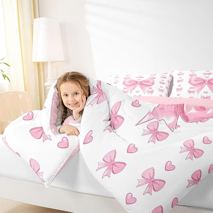 Feelyou Cute Pink Bow Bedding Set Soft for Boys Girls, Love Hearts Bowknot Comforter Set King Size Duvet Quilt Microfiber Bedroom Decor 3 Pcs with 2 Pillow Cases