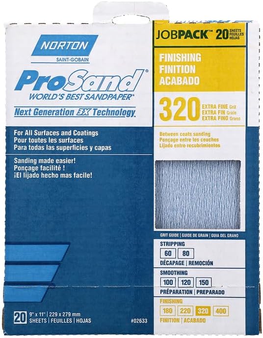 10-Pack of 9” x 11” Norton 02633 ProSand Sanding Sheet 320-Grit, 20-Pack
