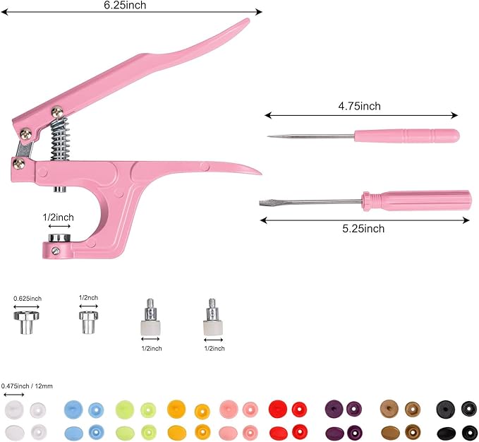 LBTEE Plastic Snap Fastener Kit with Plier Screwdriver Awl and Storage Case, 100 Sets Snaps, 9 Colors T5 Buttons, 12mm Cap. Snap Plier for T3(10mm), T5(12mm), T8(15mm) Buttons, Pink