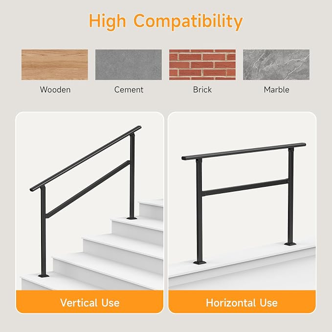 Hand Rails for Outdoor Steps 2-5 Steps Wrought Iron Handrails | Stair Railing for Porch, Home, Garden, Indoor, Staircase Handrails for Wooden, Cement, Brick, Marble (4 Steps)