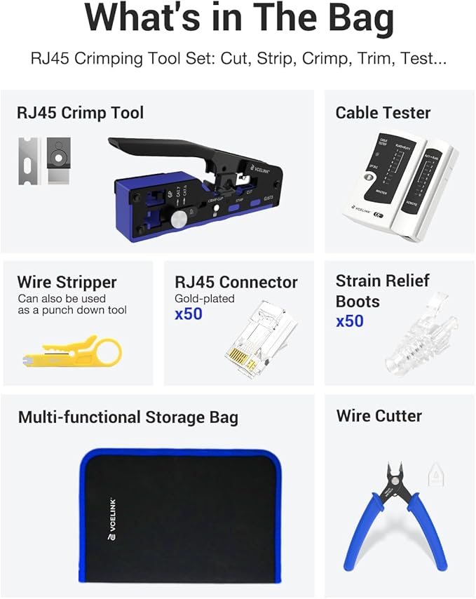 VCELINK RJ45 Crimp Tool Kit for CAT7/6A/6/5E/5, Upgraded Network Tool Set with an Ethernet Crimper, 50 RJ45 Connectors & Boots, Cable Tester, Wire Stripper and Cutter in a Cloth Bag, Blue