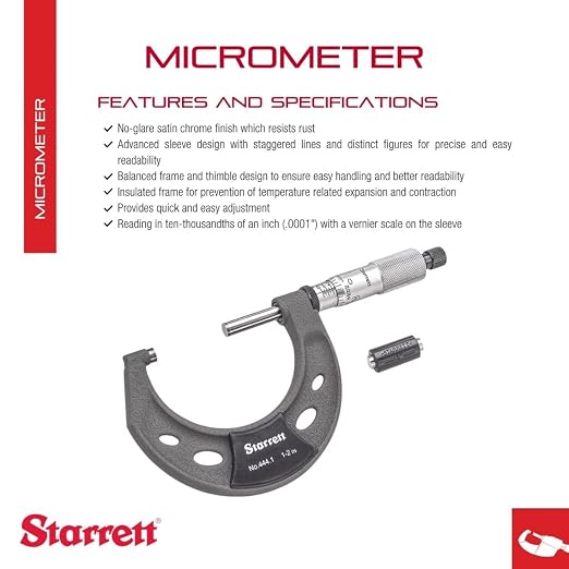 Starrett Outside Micrometer with Balanced Frame and Thimble, Satin Chrome Finish and Advanced Sleeve Design - Quick and Easy Adjustment, 1-2" Range, .0001" Graduations - T444.1XRL-2
