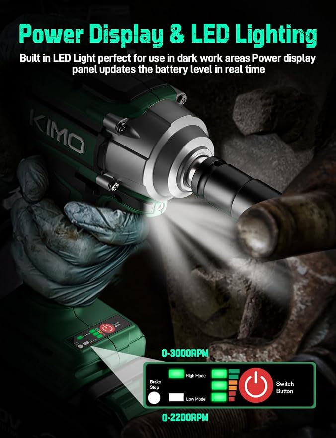 KIMO Impact Wrench 1/2 Cordless, Impact Gun for Car Tire, 20V Impact Driver | 550N.m (410ft-lbs), 4000RPM/3500IPM , 4 Sockets, 9-Piece Drill& Driver Set, Safety Lock, Variable Modes, 4000mAh Battery