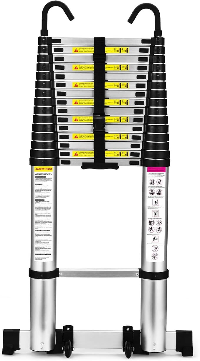 Soctone Telescoping Ladder, 20.3 FT Aluminum Lightweight Extension Ladder with Wheels and Stabilizer Bar, Heavy Duty 330lbs MaxCapacity, Multi-Purpose Collapsible Ladder for RV or Outdoor Work