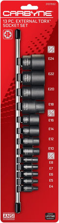 CARBYNE 13-Piece External Torx (E-Torx) Socket Set, E4 to E24, CrV Steel, Manganese Phosphate Finish, 1/4 3/8 1/2 in. Drive, Laser Etched, Socket Rail Included