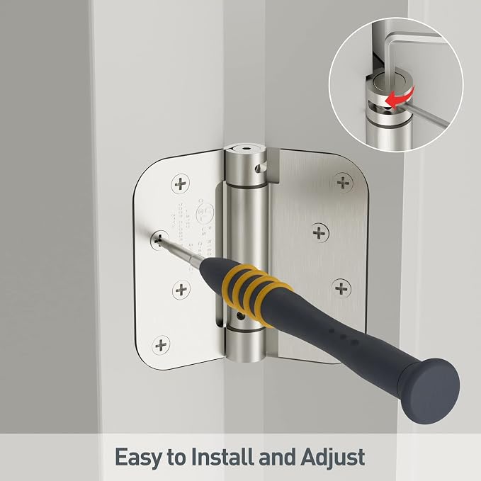 HOSOM Self Closing Door Hinges Brushed Nickel Spring Loaded Hinges 4 Inch Adjustable Tension for Garage, Front Door, Back Door, UL Listed, for Left and Right Hand Door, 5/8'' Radius Corners, 3 Pack
