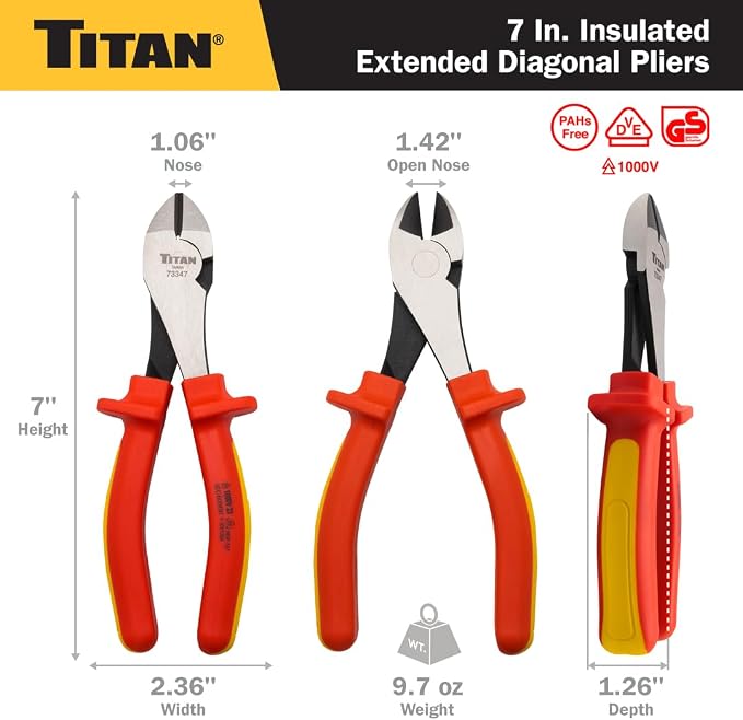 Titan 73347 7-Inch VDE Insulated Diagonal Pliers