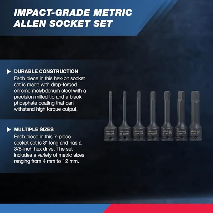 NEIKO 01130B 3/8" Drive Allen Socket Set, 7 Piece, 3 Inch, 3/8” Impact Hex Bit Socket Set, Metric Hex Driver 4 mm to 12 mm, Chrome-Moly Cr-Mo Impact Grade