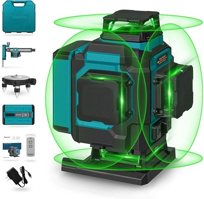 Takamine 16 Lines Green Laser Level Pro, 4x360° 4D Green Cross Line Professional for Construction, Two 360° Vertical and Two 360° Horizontal Laser Level Pulse Mode and Remote Controller