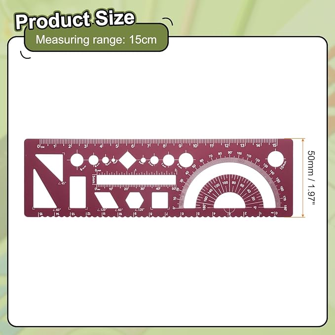 HARFINGTON Multifunctional Geometric Rulers 15cm Metric and SAE Aluminum Straight Edge Protractor Angle Math Measuring Ruler Geometric Drawings Templates for Drawing Drafting, Dark Red