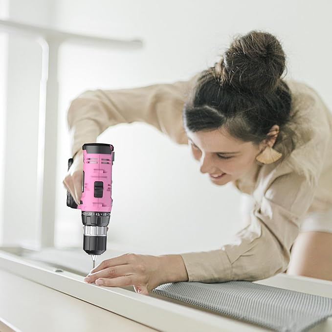 FADAKWALT Cordless Drill Set, 20V Electric Power Drill With Battery And Charger, 30N Torque, 21+1 Settings, 3/8-Inch Keyless Chuck, Driver Bits Kit, LED Light (Pink)