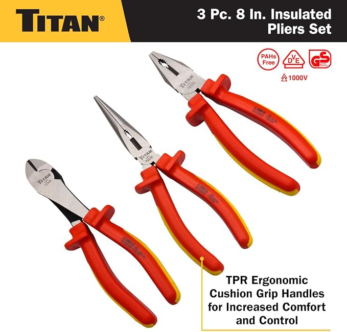 Titan 73349 3-Piece VDE Insulated Pliers Set, Includes 8-Inch Combination, Long Nose, and Diagonal Plier