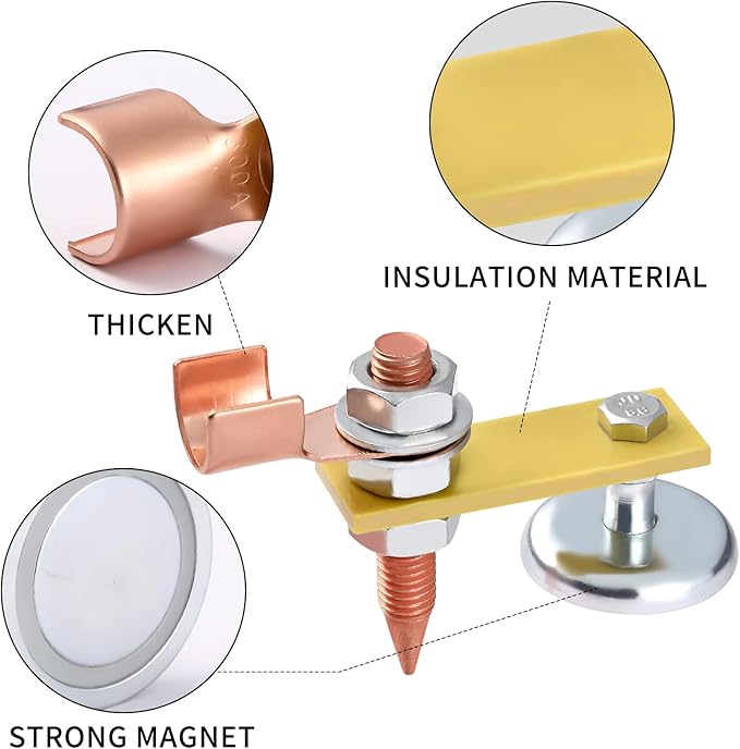 2 Pack Magnetic Welding Support Ground Clamp Tools with 2 Conductive Rods, Welding Magnet Head Strong Magnetism Large Suction, Copper Tail Welding Accessories Stability Clamps