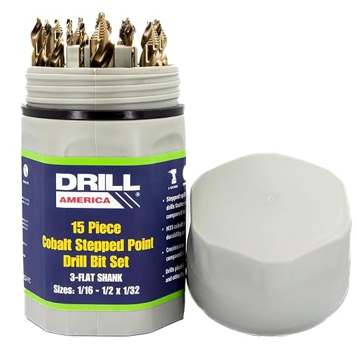 Drill America 15 Piece Cobalt Stepped Point Drill Bit Set in Round Case w/Gold Oxide Finish for Drilling Acrylic, Steel, Hard Metals, Sizes 1/16" to 1/2" x 32nds