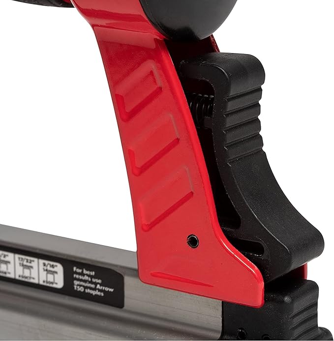 Arrow PT50 Oil-Free Pneumatic Staple Gun, Professional Heavy-Duty Stapler for Wood, Upholstery, Carpet, Wire Fencing, Fits 1/4”, 5/16”, 3/8", 1/2", 9/16” Staples , Red