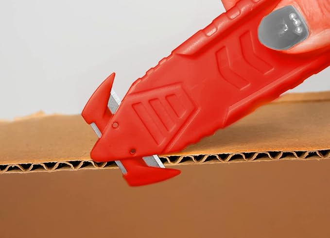 T TOVIA Safety Box Cutter Knife of Recessed Concealed Stainless Steel Blade, Package Opener Plastic Cutter for Box, Carton, Shrink Wrap, Plastic Straps,10pcs RED