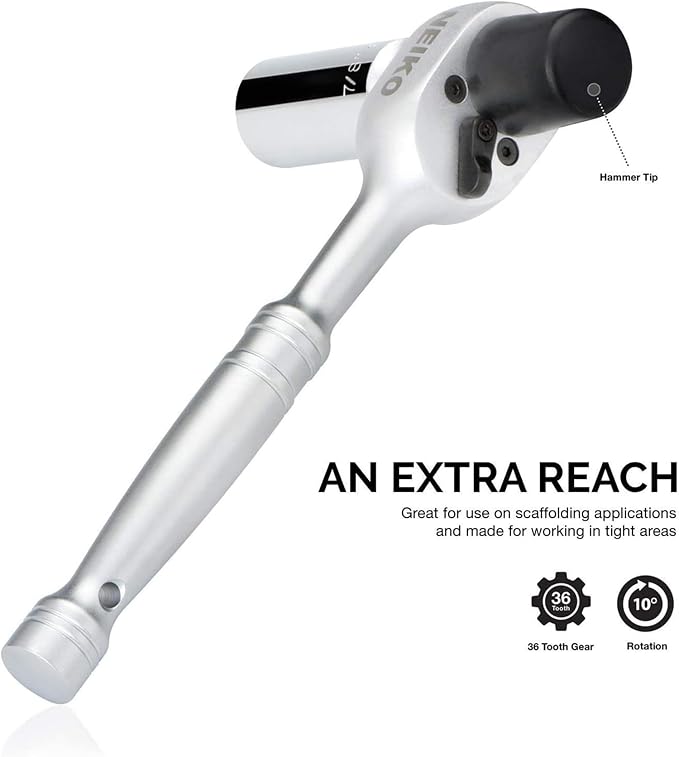 Neiko 03029A 1/2" Scaffold Ratchet Wrench | 9.5” Length | 36 Tooth Hammer Tip Head | Includes 7/8” 6 Point Deep Socket | Cr-V Steel …