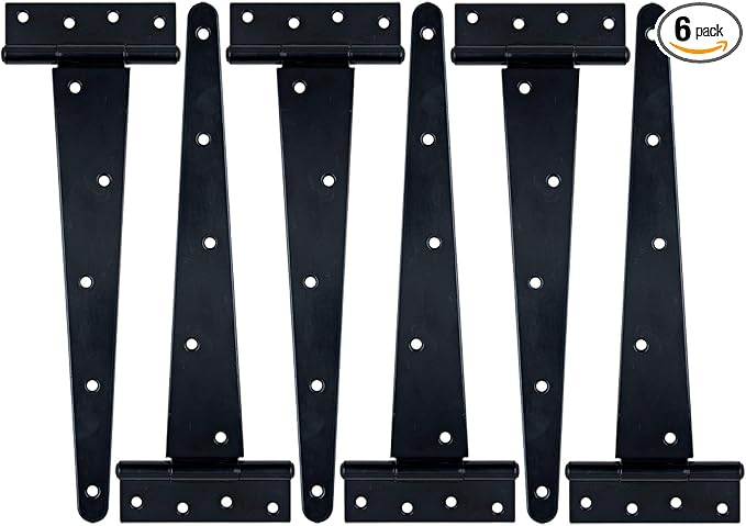 HLMOptimo Heavy Duty T Hinge Tee T Strap Shed Gate Barn Fence Door Hinge Wrought Rustproof All Size Black (6 pcs, 12 inch)