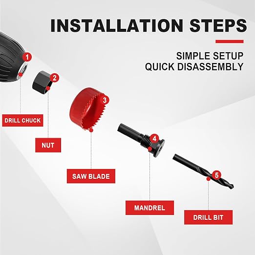KATA 8PCS Hole Saw Kit 1" to 2-1/8"(25-54mm) Hole Saw Set in Case with 1PC Mandrels, 2PC Drill Bits and 1PC Hex Key for Soft Wood, PVC Board, Plywood, Red