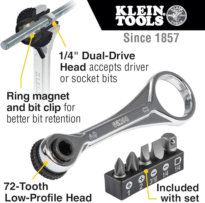 Klein Tools 32717 Precision Screwdriver Set with Case & 65200 Ratchet Set, 5-Piece Mini Ratchet Set with Phillips, Slotted, and Adapter for Other Socket Sizes, For Tight Spaces