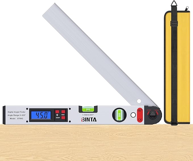 BINTA Digital Angle Finder Protractor 0-225° High Precision Measuring Tool Aluminum with Backlit LCD Display Horizontal Vertical Bubble Levels Storage Bag for Woodworking Construction Carpentry Silver