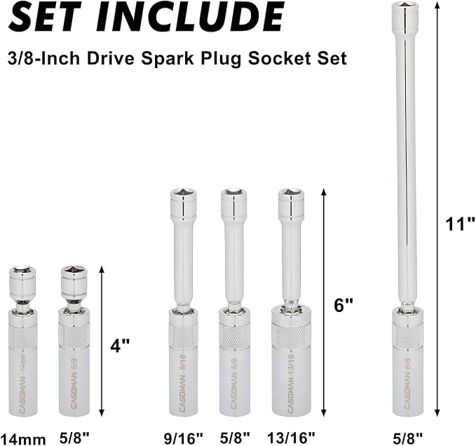 CASOMAN 6PCS 3/8-Inch Drive Magnetic Swivel Spark Plug Socket Set, Include 9/16-Inch, 5/8-Inch, 13/16-Inch, 14mm Socket, Length: 4-Inch, 6-Inch, 11-Inch, 12-Point, CR-V