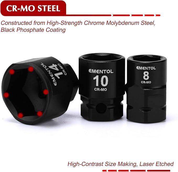 EMENTOL 13-Piece 1/4" Drive Stubby Impact Socket Set, Metric | 4mm -15mm Low Profile Sockets, 12mm Base Hex, CR-MO, Compact Design for Tight Access