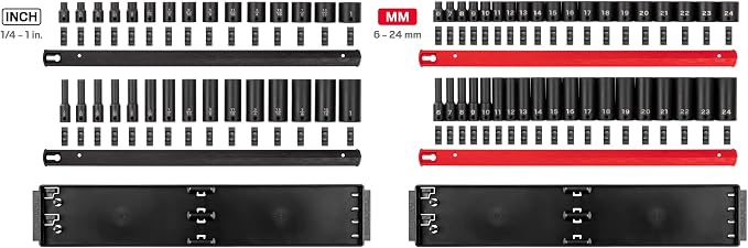 TEKTON 3/8 Inch Impact Socket Set, 68-Piece | SID91218 | (1/4 - 1 in., 6 - 24 mm), Shallow and Deep, 6-Point, Socket Rail