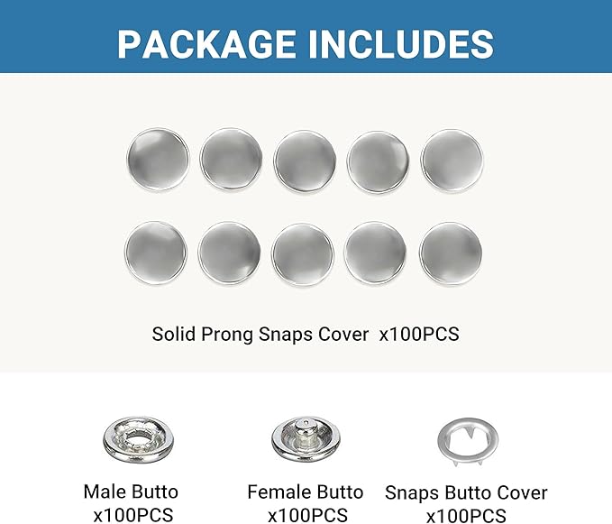 100 Sets Metal Snap Buttons, Sterling Silver Solid Sewing Snaps for Fabric, Prong Snap Button Kits for DIY Crafting Clothing Sewing (9.5mm / 400 PCS)