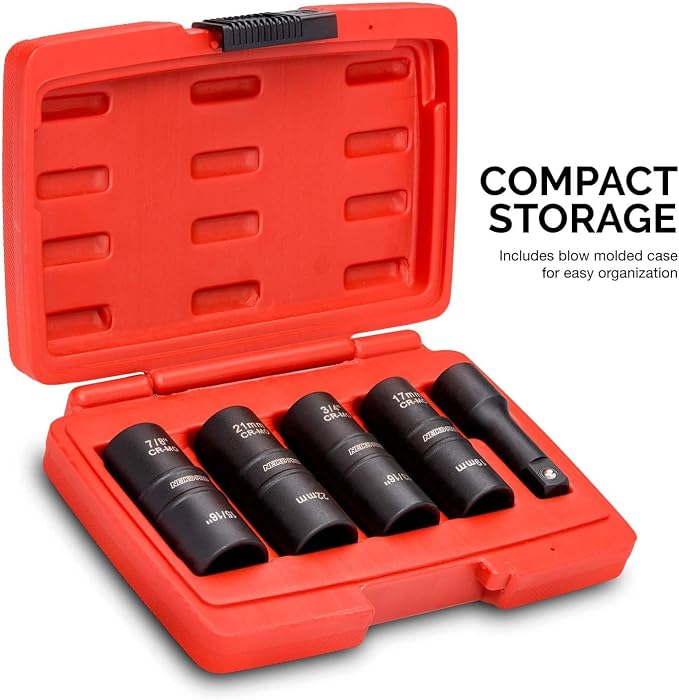 NEIKO 02282B 1/2-Inch-Drive Impact Socket Set, Flip Socket Set, Chrome Moly Steel, Includes 3-Inch Bar Extension, 8 Deep SAE and Metric Sizes, 5 Pieces