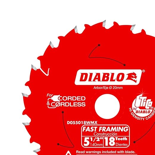 Diablo Fast Framing Saw Blade for Wood - Hi-Density Carbide - 5-1/2" Diameter, 18 ATB Teeth, 20mm Arbor, .049" Kerf, 18° Hook Angle, .039" Plate, 12000 Max RPM - D055018WMX